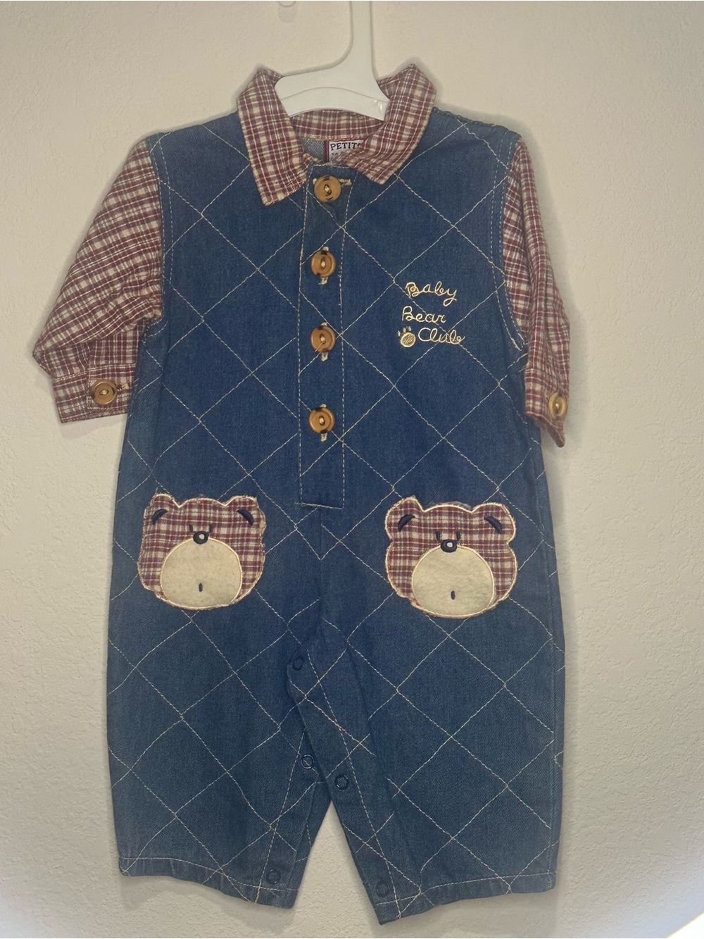 Vintage Baby Bear Club Denim Romper with Plaid Accents - Blue
